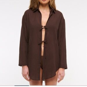 Brown Tie-Front Shirt Dress Coverup